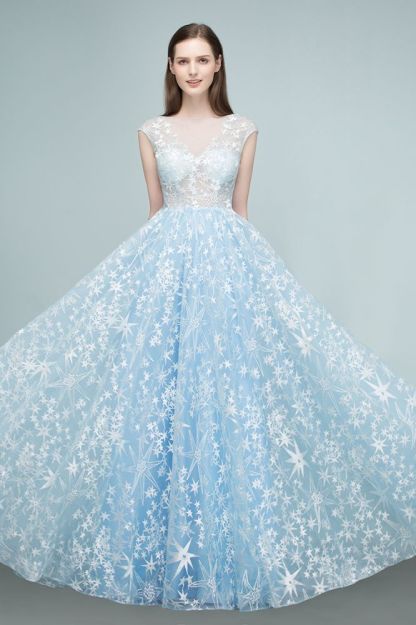 Long Appliqued Tulle A-line Cap Sleeves Prom Dresses-BMbridal