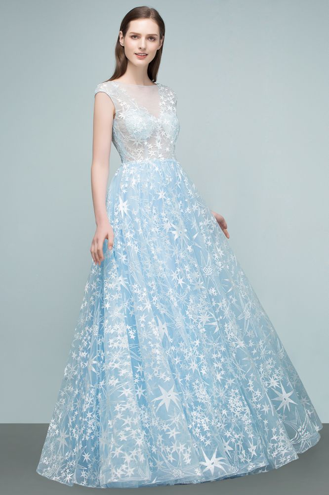 Long Appliqued Tulle A-line Cap Sleeves Prom Dresses-BMbridal