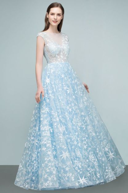 Long Appliqued Tulle A-line Cap Sleeves Prom Dresses-BMbridal