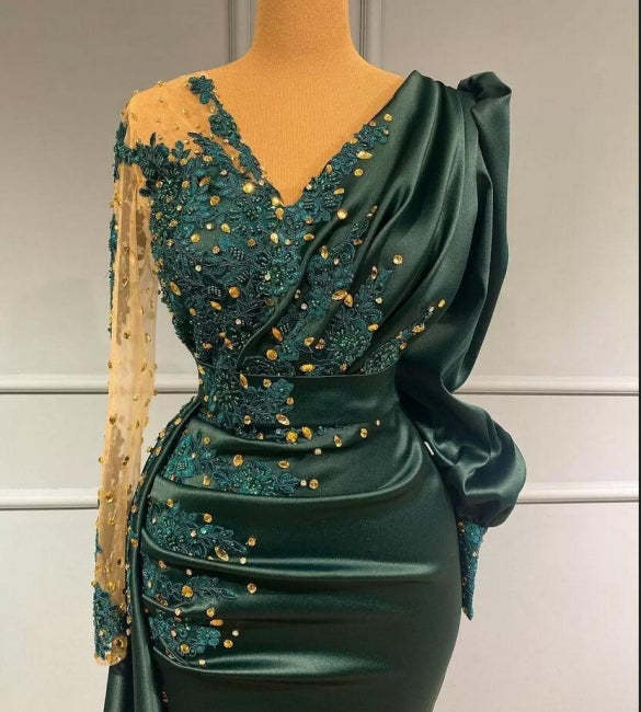 Long Dark Green Elegant Mermaid Prom Dresses with Sleeves-BMbridal.com