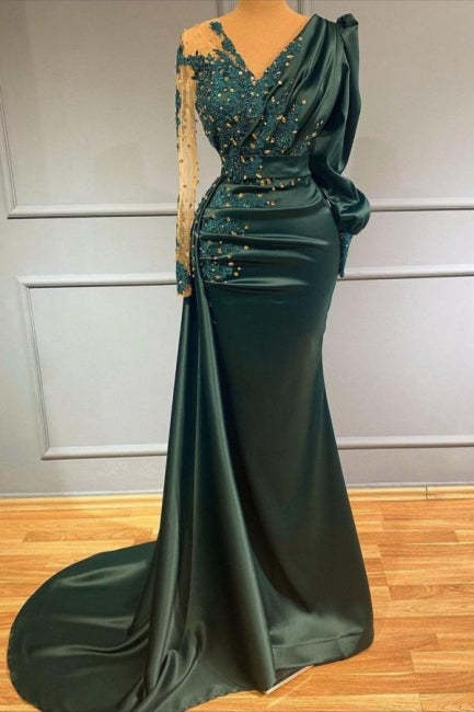 Long Dark Green Elegant Mermaid Prom Dresses with Sleeves-BMbridal.com