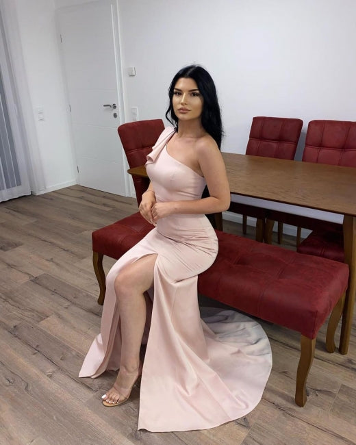 Long Pink Simple One Shoulder Split Mermaid Prom Dress-BMbridal.com