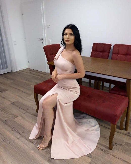 Long Pink Simple One Shoulder Split Mermaid Prom Dress-BMbridal.com