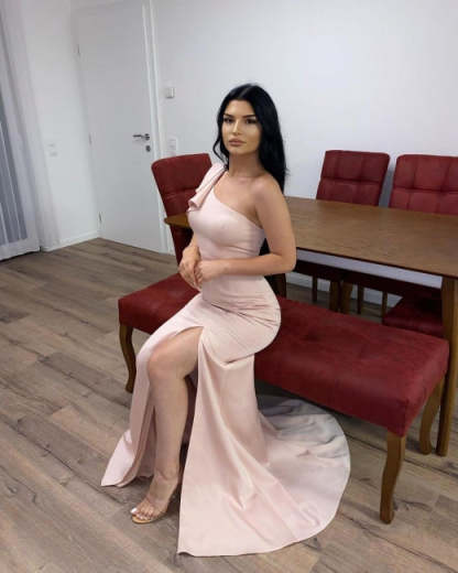 Long Pink Simple One Shoulder Split Mermaid Prom Dress-BMbridal.com