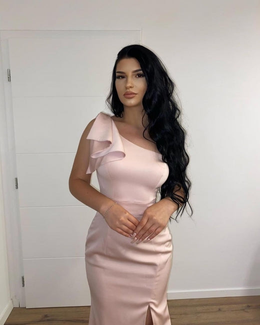 Long Pink Simple One Shoulder Split Mermaid Prom Dress-BMbridal.com