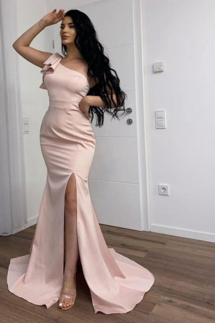 Long Pink Simple One Shoulder Split Mermaid Prom Dress-BMbridal.com