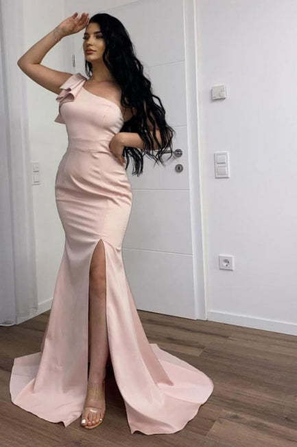 Long Pink Simple One Shoulder Split Mermaid Prom Dress-BMbridal.com