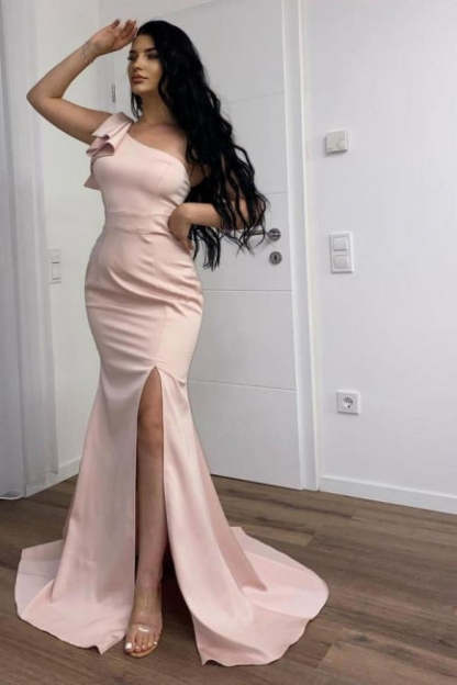 Long Pink Simple One Shoulder Split Mermaid Prom Dress-BMbridal.com