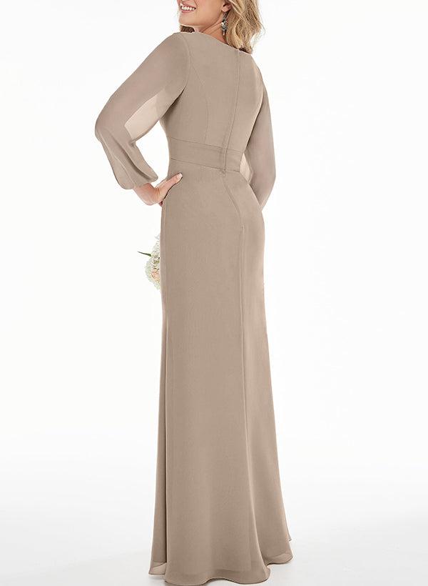 Long Sleeved Chiffon Bridesmaid Dress with V-Neck and Split Front