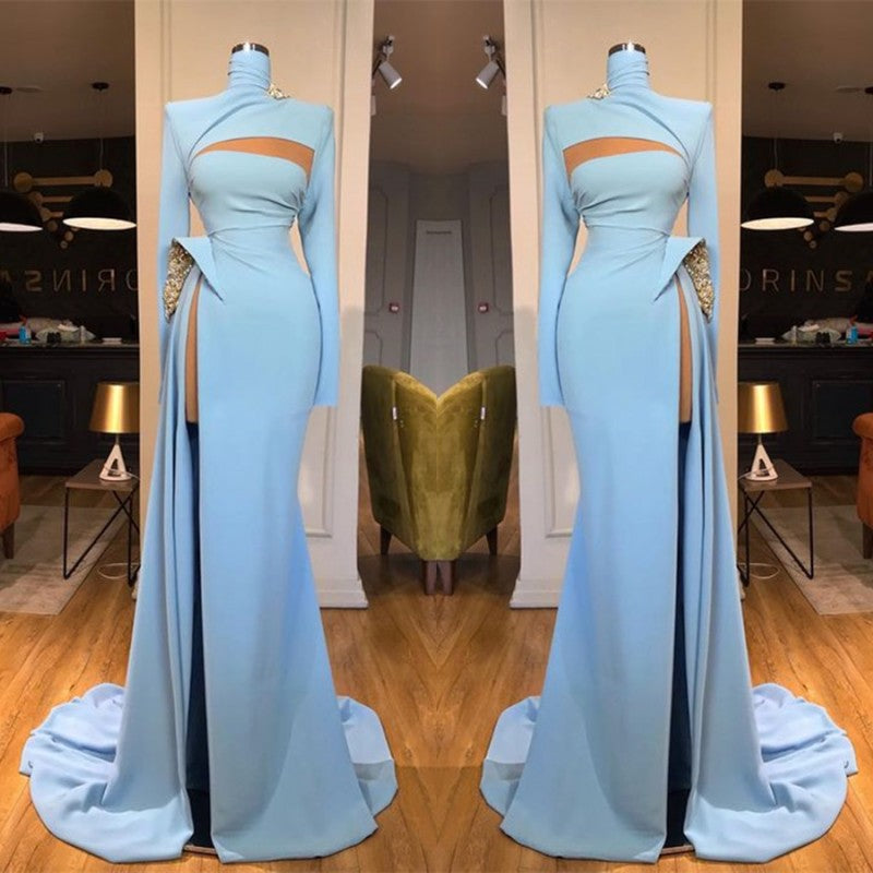 Long Sleeves High Neck Mermaid Prom Dress Long With Slit-BMbridal.com
