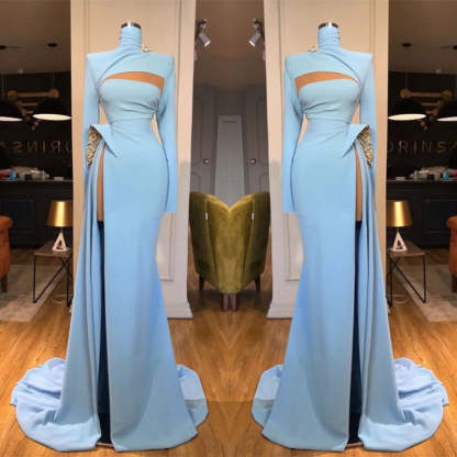 Long Sleeves High Neck Mermaid Prom Dress Long With Slit-BMbridal.com