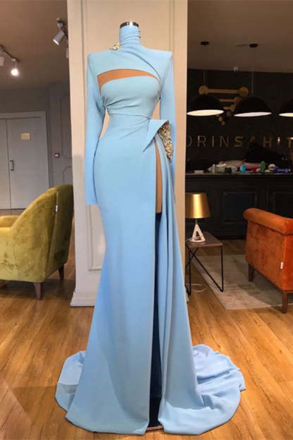 Long Sleeves High Neck Mermaid Prom Dress Long With Slit-BMbridal.com