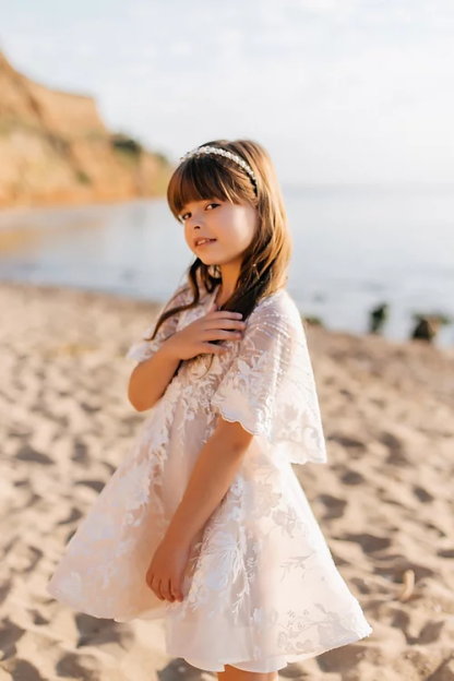 Lovely White A-line 3/4 Sleeves Appliques Flower Girls Dress With Lace-BMbridal.com