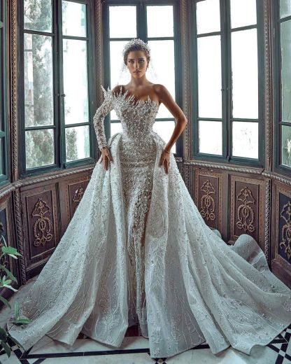 Luxurious Long White One Shoulder A-line Beading Pearls Long Sleeve Weeding Dress With Train-BMbridal