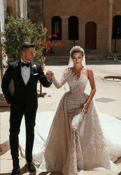 Luxurious Long White One Shoulder A-line Beading Pearls Long Sleeve Weeding Dress With Train-BMbridal