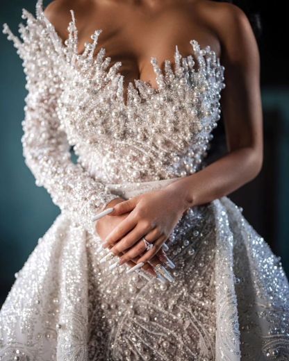 Luxurious Long White One Shoulder A-line Beading Pearls Long Sleeve Weeding Dress With Train-BMbridal