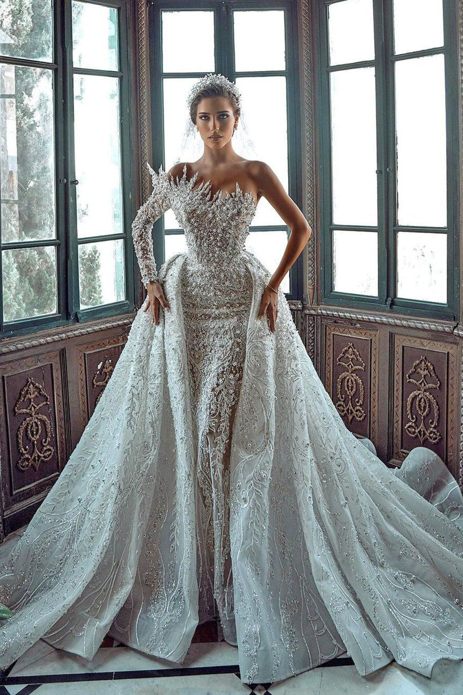 Luxurious Long White One Shoulder A-line Beading Pearls Long Sleeve Weeding Dress With Train-BMbridal