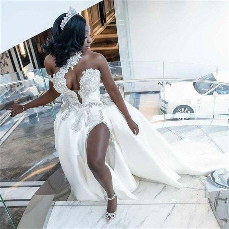 Luxurious Long White One Shoulder Sleeveless Jewel Wedding Dress With Detachable Train-BMbridal.com