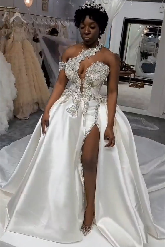 Luxurious Long White One Shoulder Sleeveless Jewel Wedding Dress With Detachable Train-BMbridal.com