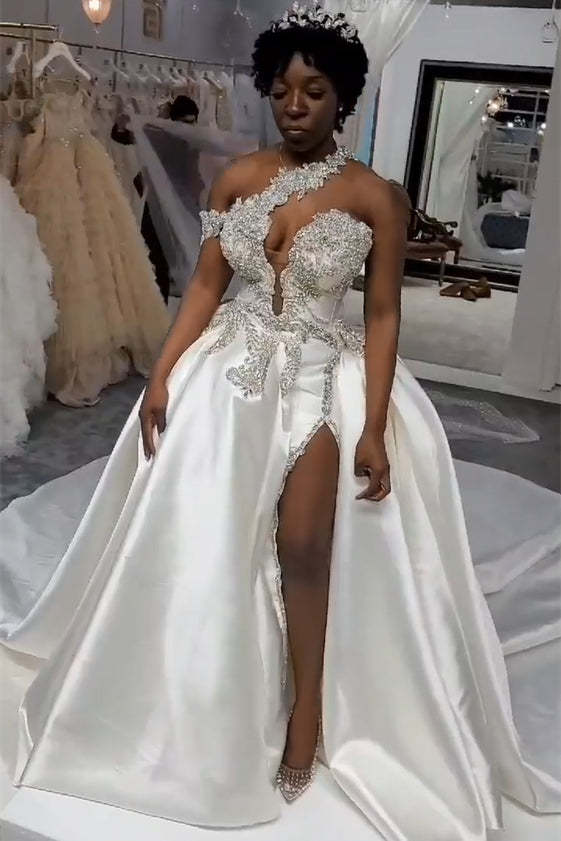 Luxurious Long White One Shoulder Sleeveless Jewel Wedding Dress With Detachable Train-BMbridal.com