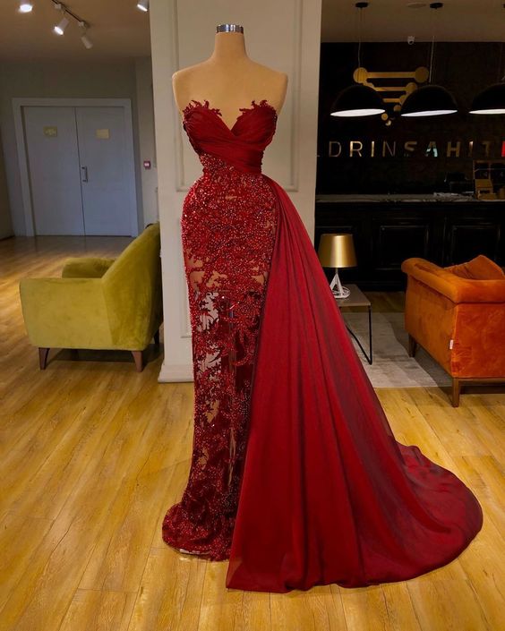 luxury Burgundy Detachable Train Mermaid Prom Dress with Lace-BMbridal.com