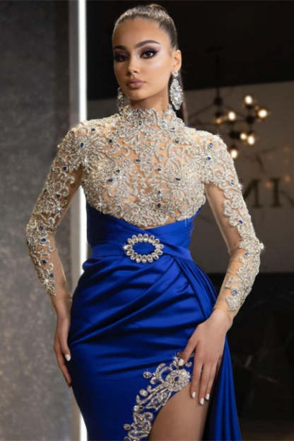 Luxury Halter Royal Blue Satin Mermaid Evening Maxi Dress Long Sleeves Crystals Gold Appliques Party Dress-BMbridal