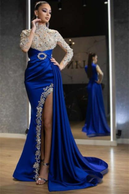 Luxury Halter Royal Blue Satin Mermaid Evening Maxi Dress Long Sleeves Crystals Gold Appliques Party Dress-BMbridal