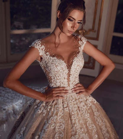 Luxury Long Glitter Wedding Dresses Princess with Lace-BMbridal.com