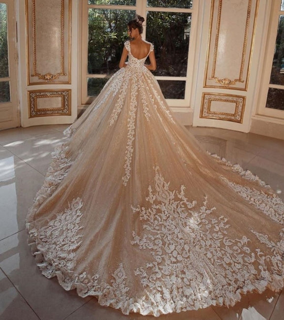 Luxury Long Glitter Wedding Dresses Princess with Lace-BMbridal.com
