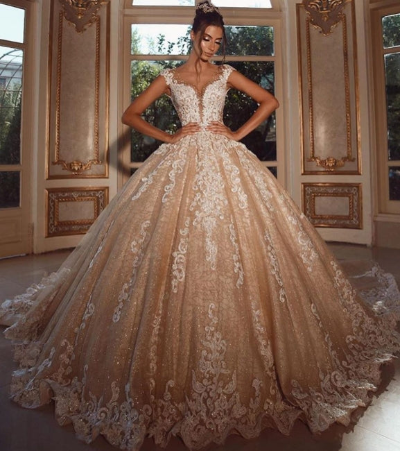 Luxury Long Glitter Wedding Dresses Princess with Lace-BMbridal.com