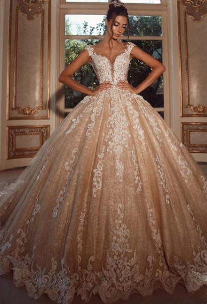 Luxury Long Glitter Wedding Dresses Princess with Lace-BMbridal.com