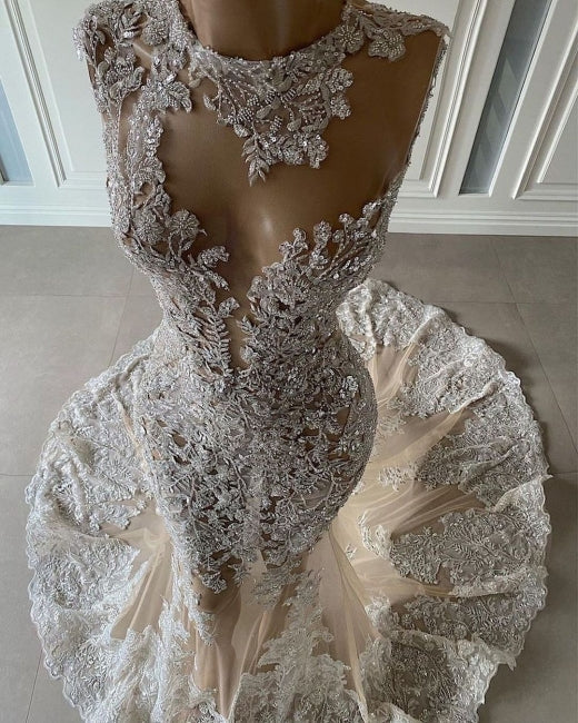 Luxury Long Sexy Mermaid Sleeveless Prom Dresses With Lace-BMbridal.com