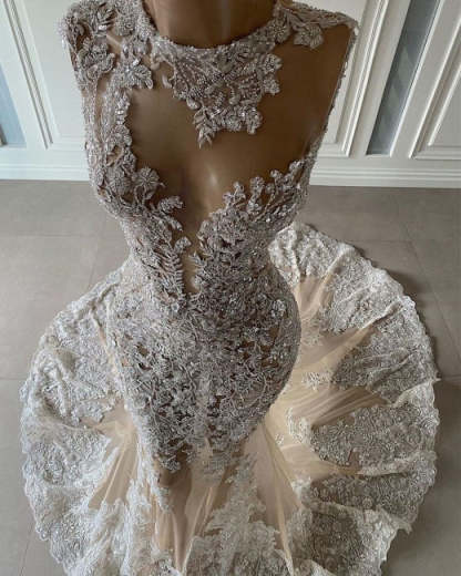 Luxury Long Sexy Mermaid Sleeveless Prom Dresses With Lace-BMbridal.com