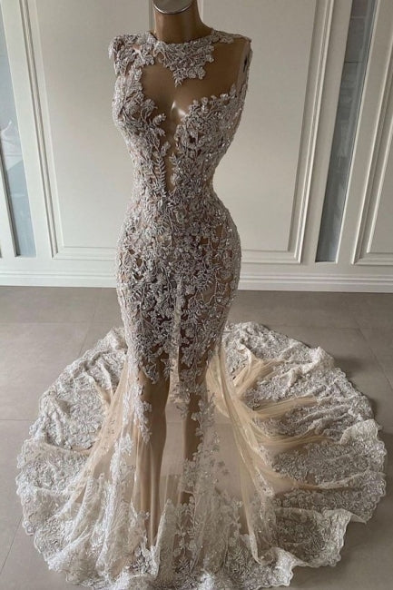 Luxury Long Sexy Mermaid Sleeveless Prom Dresses With Lace-BMbridal.com