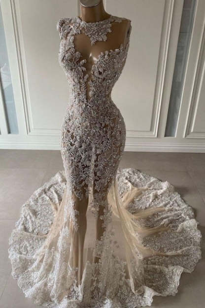 Luxury Long Sexy Mermaid Sleeveless Prom Dresses With Lace-BMbridal.com