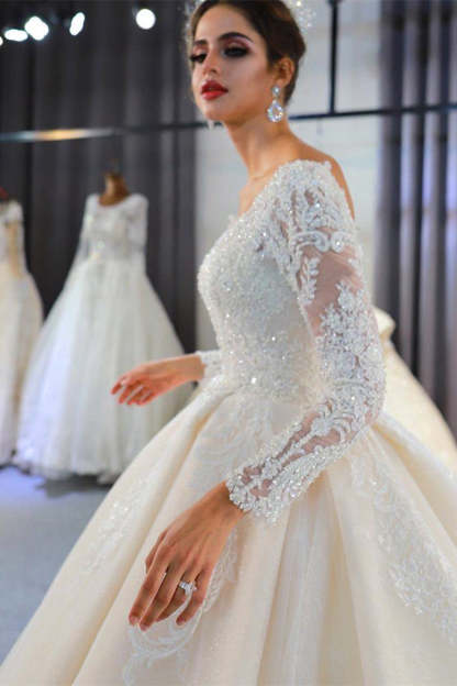 Luxury Long Sleeves Deep V-Neck Princess Ball Gown Garden Bridal Dress-BMbridal.com