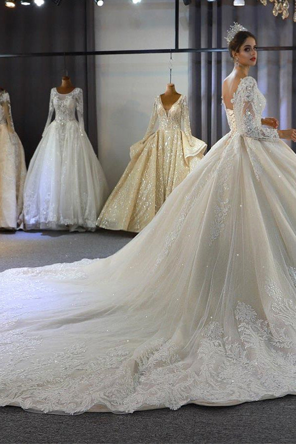 Luxury Long Sleeves Deep V-Neck Princess Ball Gown Garden Bridal Dress-BMbridal.com