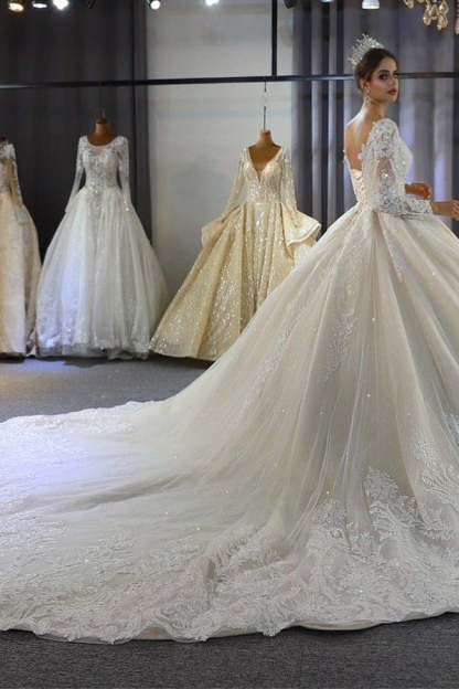 Luxury Long Sleeves Deep V-Neck Princess Ball Gown Garden Bridal Dress-BMbridal.com