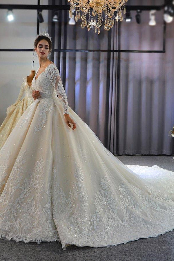Luxury Long Sleeves Deep V-Neck Princess Ball Gown Garden Bridal Dress-BMbridal.com