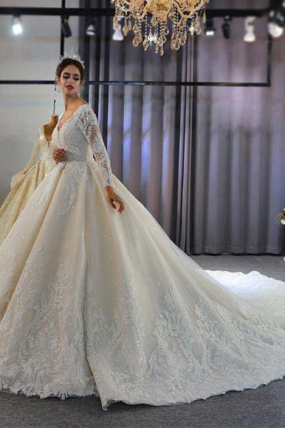 Luxury Long Sleeves Deep V-Neck Princess Ball Gown Garden Bridal Dress-BMbridal.com