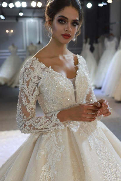 Luxury Long Sleeves Deep V-Neck Princess Ball Gown Garden Bridal Dress-BMbridal.com
