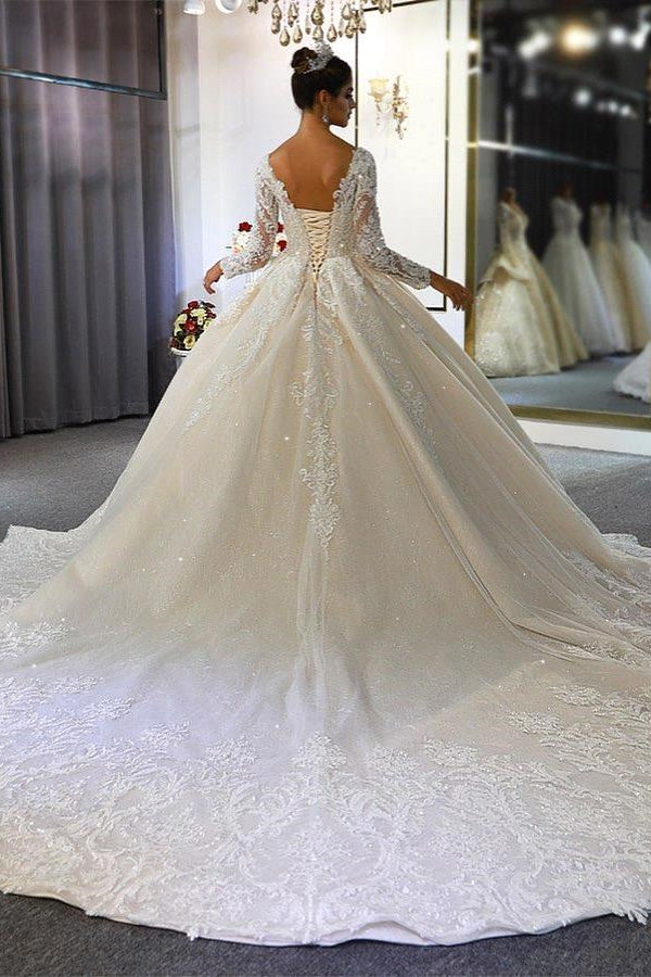 Luxury Long Sleeves Deep V-Neck Princess Ball Gown Garden Bridal Dress-BMbridal.com