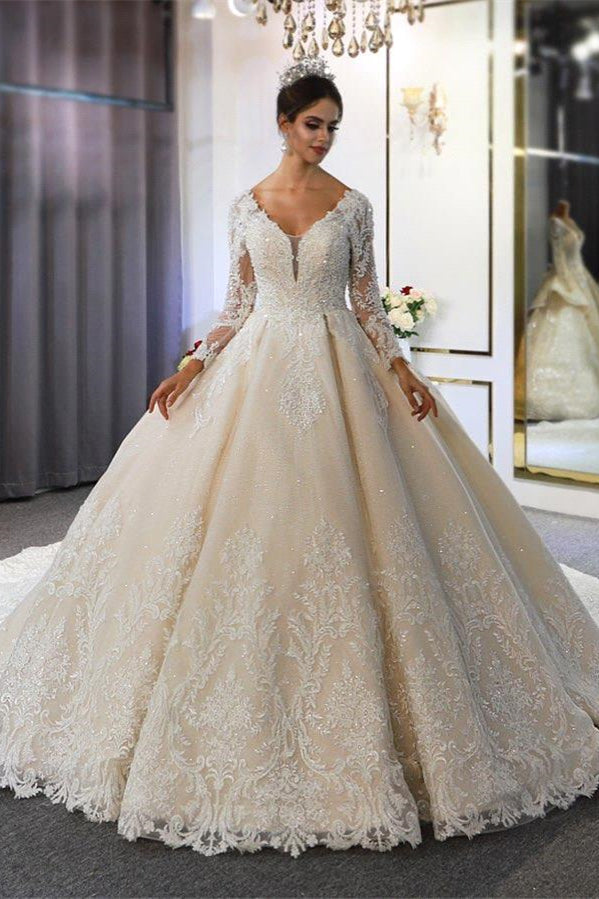 Luxury Long Sleeves Deep V-Neck Princess Ball Gown Garden Bridal Dress-BMbridal.com