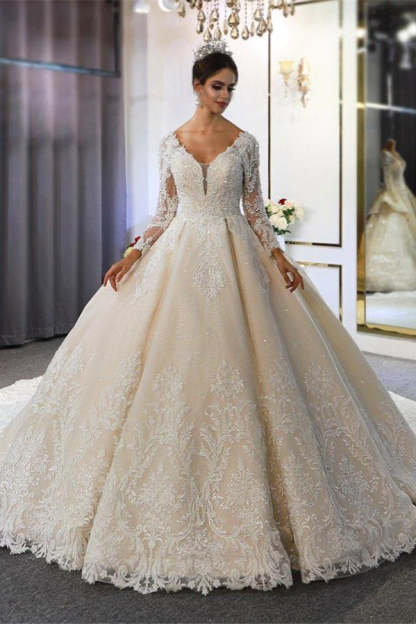 Luxury Long Sleeves Deep V-Neck Princess Ball Gown Garden Bridal Dress-BMbridal.com