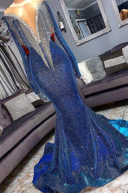 Luxury Mermaid Long Sleeve Shiny Blue Tassels Junior Prom Dresses with Court Train-BMbridal.com