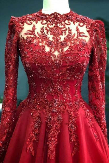 Luxury Red Evening Dresses With Sleeves Prom Dress with Lace-BMbridal.com