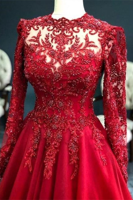 Luxury Red Evening Dresses With Sleeves Prom Dress with Lace-BMbridal.com