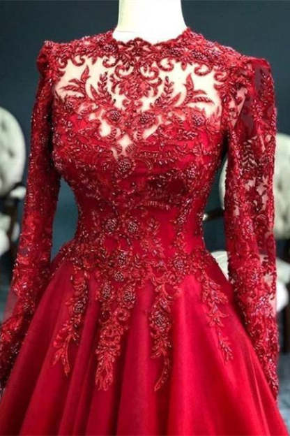 Luxury Red Evening Dresses With Sleeves Prom Dress with Lace-BMbridal.com