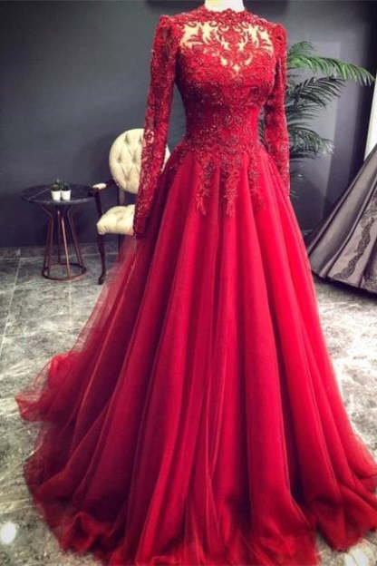 Luxury Red Evening Dresses With Sleeves Prom Dress with Lace-BMbridal.com