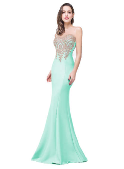 Mermaid Floor-Length Sheer Floor Length Dresses with Rhinestone Appliques-BMbridal
